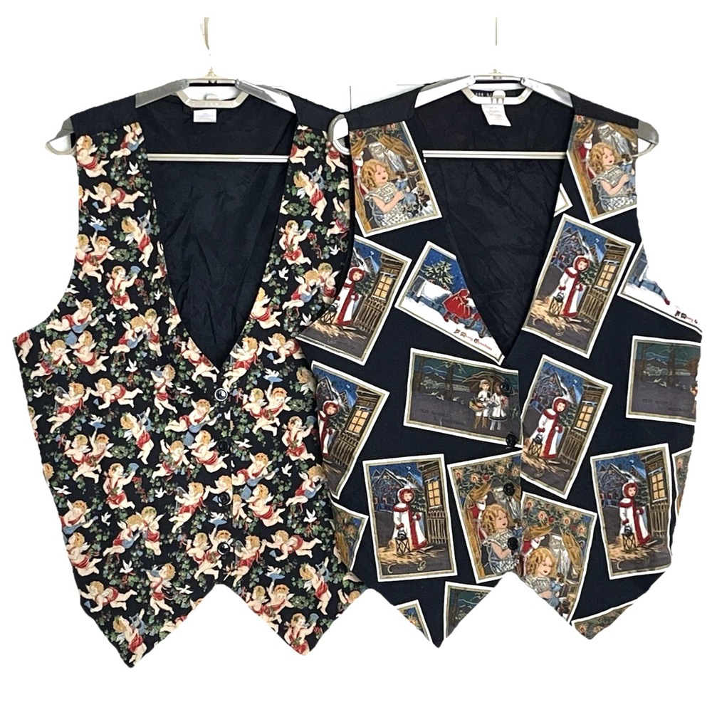 Vintage 111 Main Women's Set of 2 Christmas Vests‎ L Button Up Tie Back Festive